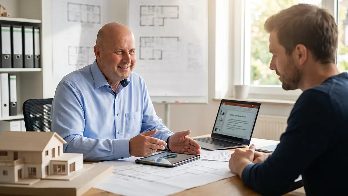 KI-generiert mit ARtlist durch KUNDENWACHSTUM.de - Finanzberater im Gespräch mit Kunden zur individuellen Baufinanzierung Geisingen anhand von Bauplänen, Tablet und Finanzunterlagen.