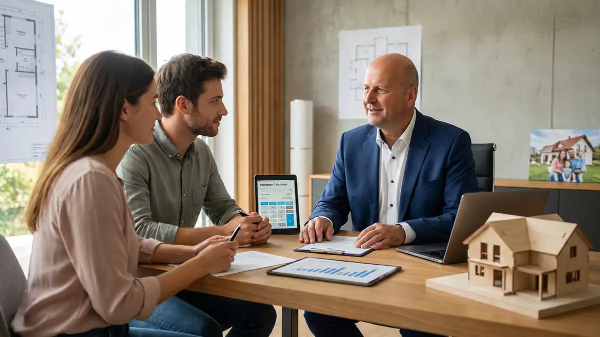 KI-generiert mit ARtlist und bearbeitet mit ChatGPT durch KUNDENWACHSTUM.de - Beratungsgespräch zwischen Finanzberater und jungem Paar zur individuellen Baufinanzierung Singen mit Hausmodell, Unterlagen und Finanzplanung.
