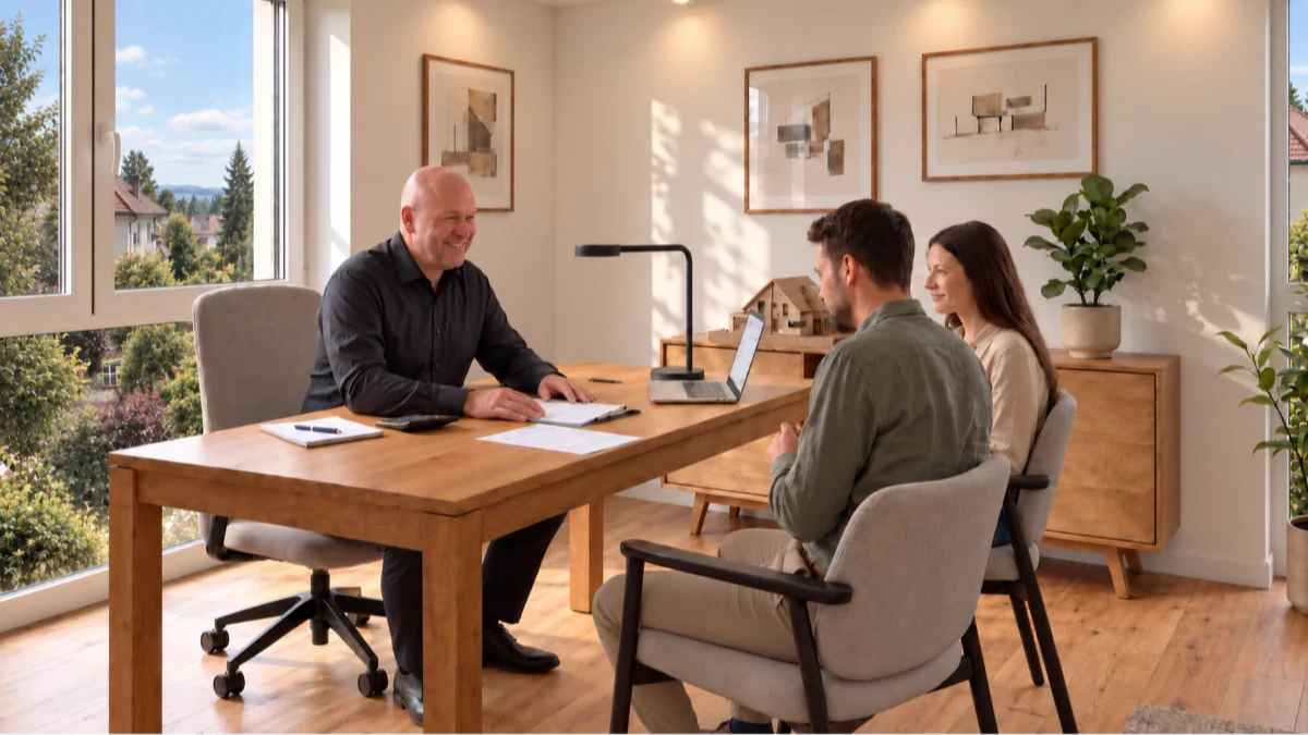 Mike Hesse führt Beratungsgespräch mit jungem Paar an Holztisch in hellem, modernem Büro mit Ausblick.