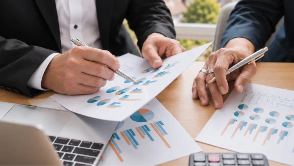 Zwei Finanzexperten analysieren gemeinsam Diagramme und Berechnungen am Schreibtisch und besprechen individuelle Finanzierungsmöglichkeiten für eine Baufinanzierung Bodensee.