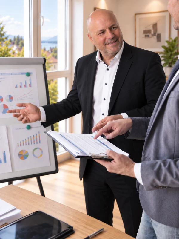 Zwei Finanzexperten besprechen Diagramme und Unterlagen an einer Präsentationstafel und analysieren gemeinsam Finanzierungsmöglichkeiten für eine Baufinanzierung Bodensee.