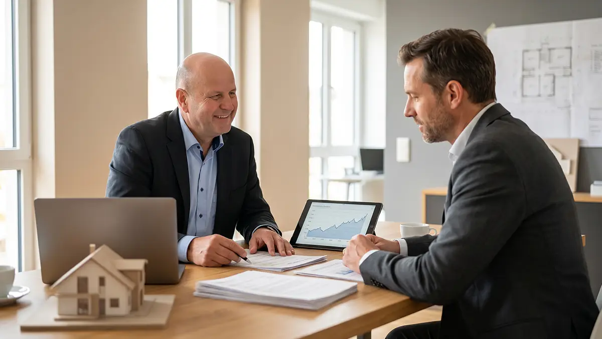 KI-generiert mit Artlist durch KUNDENWACHSTUM.de - Zwei Berater besprechen Finanzierungsunterlagen neben Laptop und Hausmodell für einen Modernisierungskredit am Bodensee in einem hellen Büro.